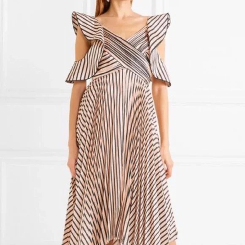 Self Portrait Sz 4 Satin Stripped Black and Tan Asymmetric Midi Dress